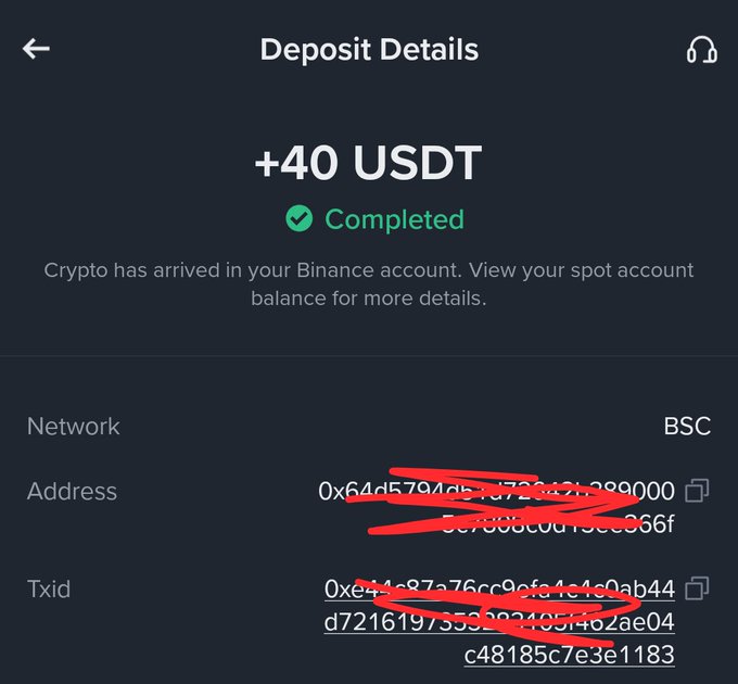 Mobile app screenshot showing a completed crypto deposit of '+40 USDT' via BSC network, with the wallet address and transaction ID partially crossed out in red.
