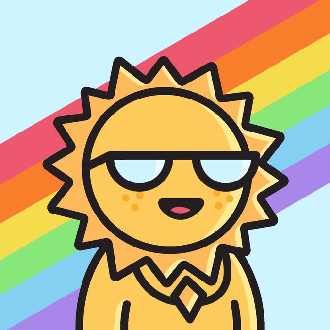 A cartoon illustration of a smiling sun character wearing sunglasses and a necklace with a diamond pendant, set against a rainbow striped background.