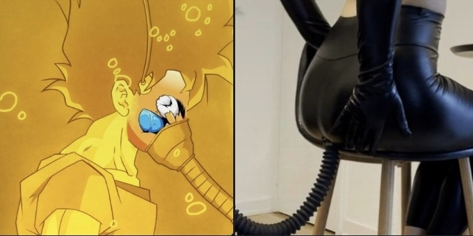 The image features a cartoon character with a blue head, holding an object that appears to be a phone or a remote control. The cartoon character has a large head and is positioned above a chair. Below this scene, there's another image of the same cartoon character but in a different position, sitting on top of a stool.