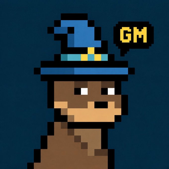 A pixel-art portrait of a character wearing a blue wizard hat, accompanied by a 'GM' speech bubble.