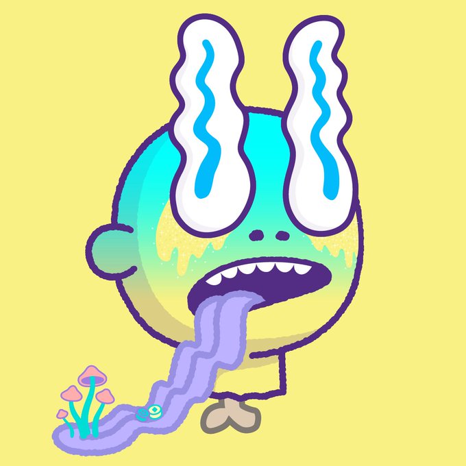 A cartoon-style illustration of a round, teal-colored creature with large, watery eyes drooping like melting popsicles, vomiting a purple liquid stream against a yellow background.