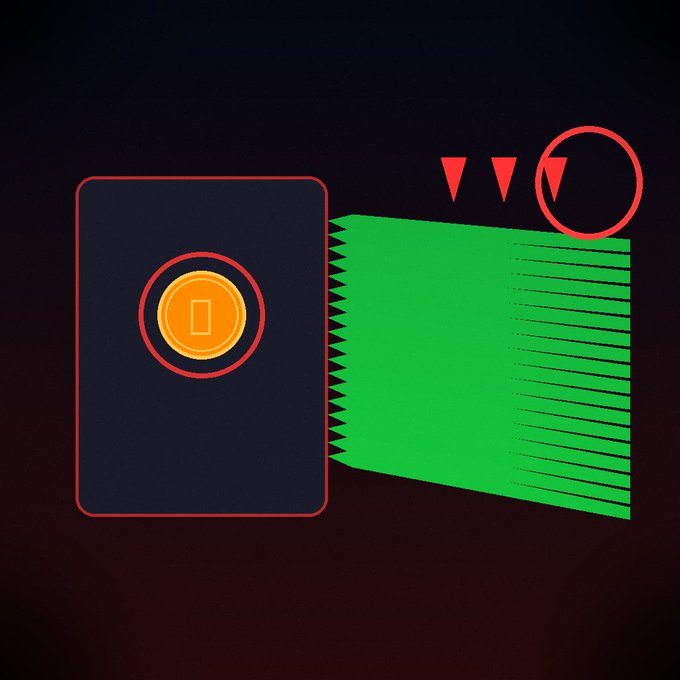 A stylized illustration featuring a red and black card with an orange emblem emitting a green light beam, with red downward arrows and a lightning bolt icon above.