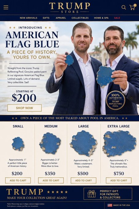 The image features two men standing next to each other, both holding blue flags. They are positioned against a backdrop of a city skyline with palm trees visible in the background. The text "Trump" can be seen in the image as well. The image also includes a caption that reads "i can't wait for these NFTs to drop". This suggests that there might be an upcoming event or release related to the Trump merchandise, such as limited edition items or exclusive collector's items.