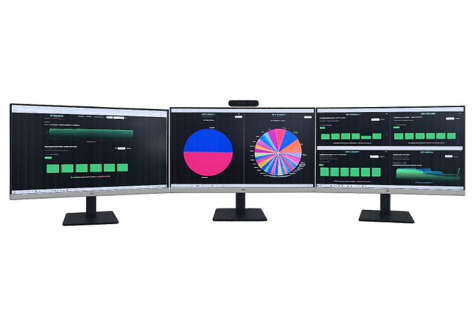 The image shows three computer screens, two of which are open and displaying multiple charts. The screens display various types of data and pop-up windows, suggesting that they could be used for real-time monitoring or data analysis purposes. These screens are likely related to a specific project or service that requires simultaneous viewing of different information sources in the form of charts and graphs.