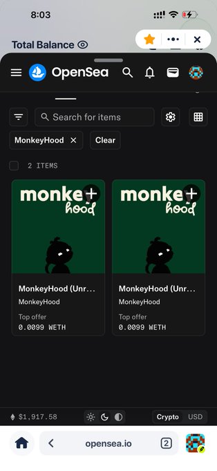 A mobile screenshot of the OpenSea app showing a search for 'MonkeyHood' with two NFT listings priced at 0.0099 WETH each.