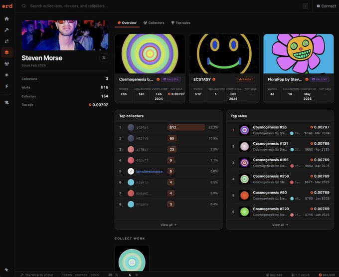 A dashboard screenshot for NFT creator "Steven Morse" (Since Feb 2024) showing stats including 816 works, 154 collectors, and top collections like "Cosmogenesis," "ECSTASY," and "FloraPop."