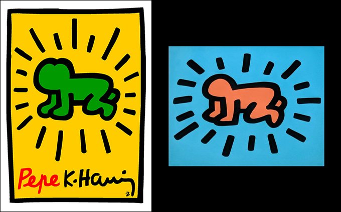 Two Keith Haring-style artworks are displayed; one features a green crawling figure on a yellow background signed 'Pepe K. Haring', and the other shows an orange figure on a blue background.
