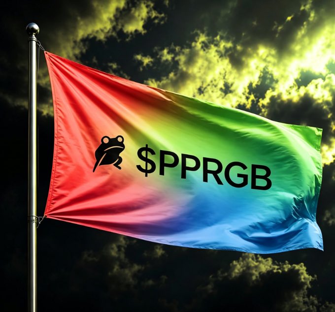 A colorful red, green, and blue flag waves against a dramatic cloudy sky, displaying a frog logo alongside the ticker "$PPRGB"—visualizing the rallying call to swap USDT for the PPRGB token.