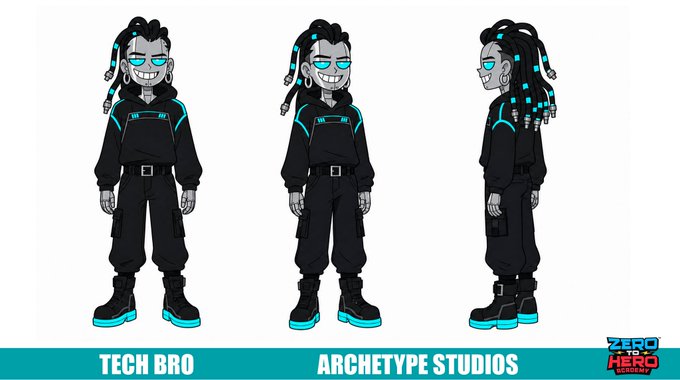 Character design reference sheet showing three views (front, angled, side) of a "TECH BRO" character with gray skin, blue dreadlocks, glowing blue glasses, and black techwear clothing with cyan accents, credited to Archetype Studios and "Zero Hero Academy."