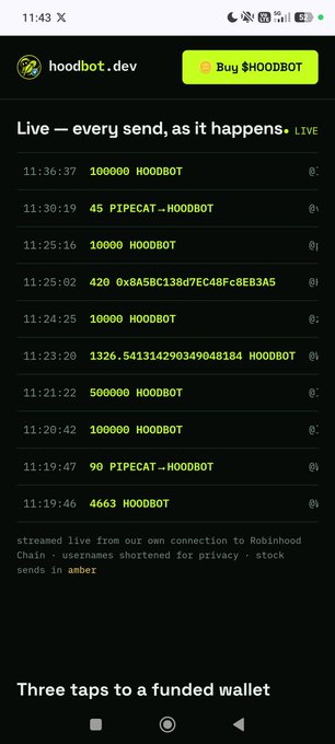 A screenshot from hoodbot.dev showing a live feed of cryptocurrency transactions with amounts and the ticker 'HOODBOT' being sent in real-time on the Robinhood Chain.