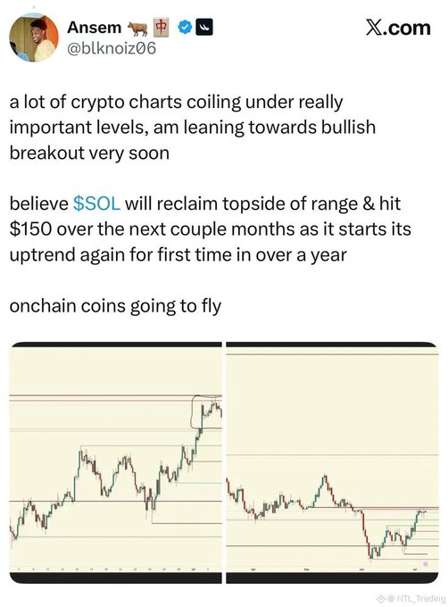 A tweet from user @blknoiz06 (Ansem) discusses crypto charts coiling under important levels, predicting a bullish breakout and that $SOL will reclaim the topside of range and hit $150 in the coming months, accompanied by two trading charts.