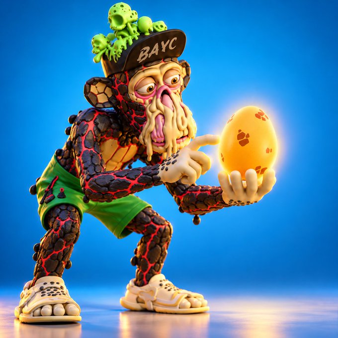 A 3D rendered fantasy creature with lava-cracked skin, wearing a 'BAYC' hat and green shorts, pointing at a glowing yellow egg.