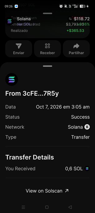 A mobile screenshot showing a successful Solana (SOL) cryptocurrency transfer of 0.6 SOL received on October 7, 2026, with the wallet value displayed as $3,793.96.