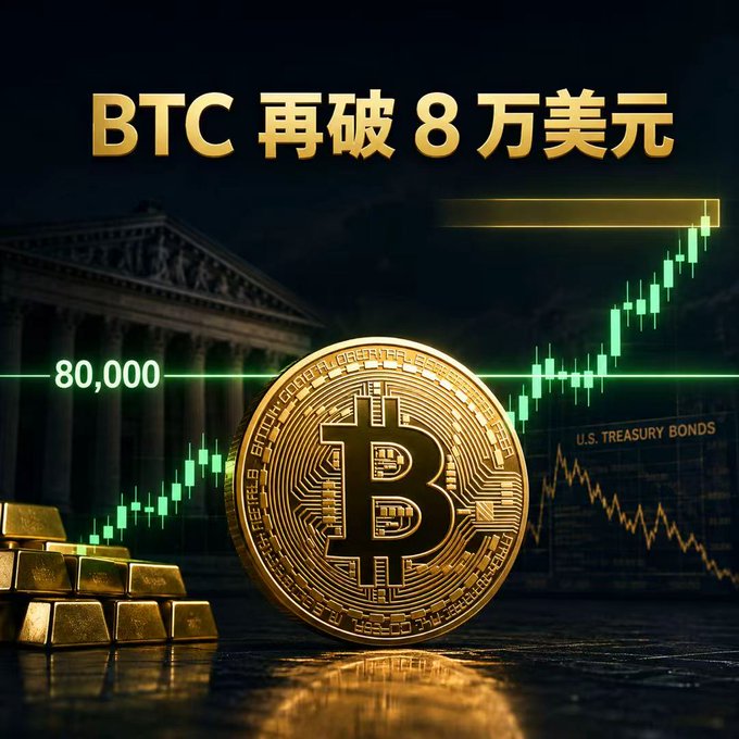 The image features a golden Bitcoin coin alongside stacked gold bars, with Chinese text "BTC 再破 8 万美元" (BTC breaks $80,000 again) and a candlestick chart showing an upward green trend crossing the "80,000" price level, visually emphasizing Bitcoin's recent surge back above this psychological milestone referenced in the post.