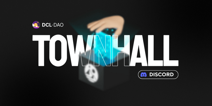 A 'TOWN HALL' promotional graphic for DCL-DAO featuring a hand reaching out of a glowing blue cube, with a Discord call-to-action button.