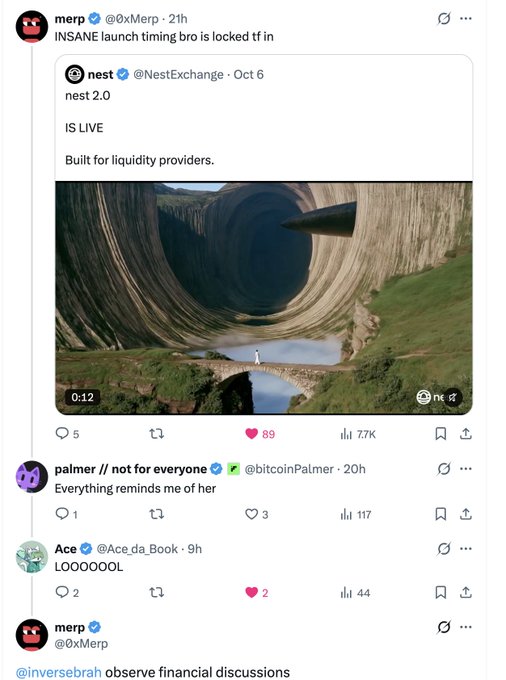 A screenshot of an X (Twitter) thread where user @0xMerp quotes @NestExchange's announcement of 'nest 2.0 IS LIVE', commenting 'INSANE launch timing bro is locked tf in', followed by replies from @bitcoinPalmer, @Ace_da_Book, and @0xMerp.