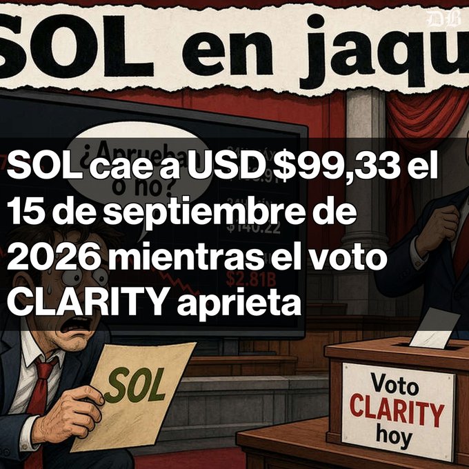 A Spanish financial graphic titled 'SOL cae a USD $99,33 el 15 de septiembre de 2026 mientras el voto CLARITY aprieta' showing Solana's price drop amid the CLARITY Act vote, illustrated with worried cartoon characters.