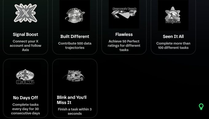 A dark-themed achievement badges page displays six milestone rewards for Axis Robotics tasks, including "Signal Boost" (connect X account and follow Axis), "Built Different" (500 data trajectories), "Flawless" (50 perfect ratings), "Seen It All" (100 different tasks), "No Days Off" (tasks every day for 30 consecutive days), and "Blink and You'll Miss It" (finish a task within 3 seconds). The badges correspond directly to the new milestones mentioned in the post, with a green checkmark indicating earned achievements.