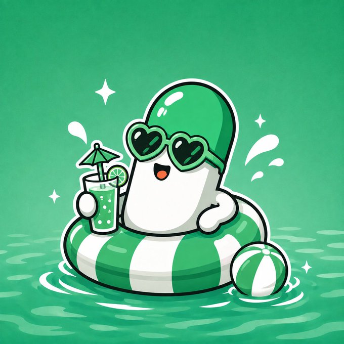 A cartoon illustration of a cheerful white blob-like character wearing heart-shaped sunglasses, floating in a green-and-white striped inner tube while holding a green tropical drink with a lime, set against a teal water background with sparkle accents.