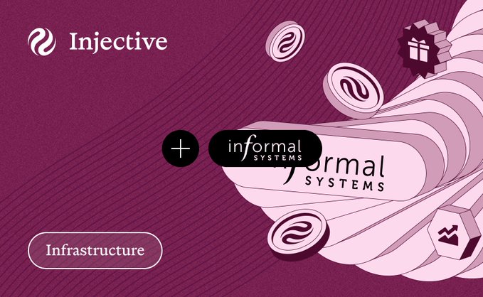 A promotional graphic with a maroon background features the 'Injective' and 'informal SYSTEMS' logos alongside a 'plus' symbol and an 'Infrastructure' tag.