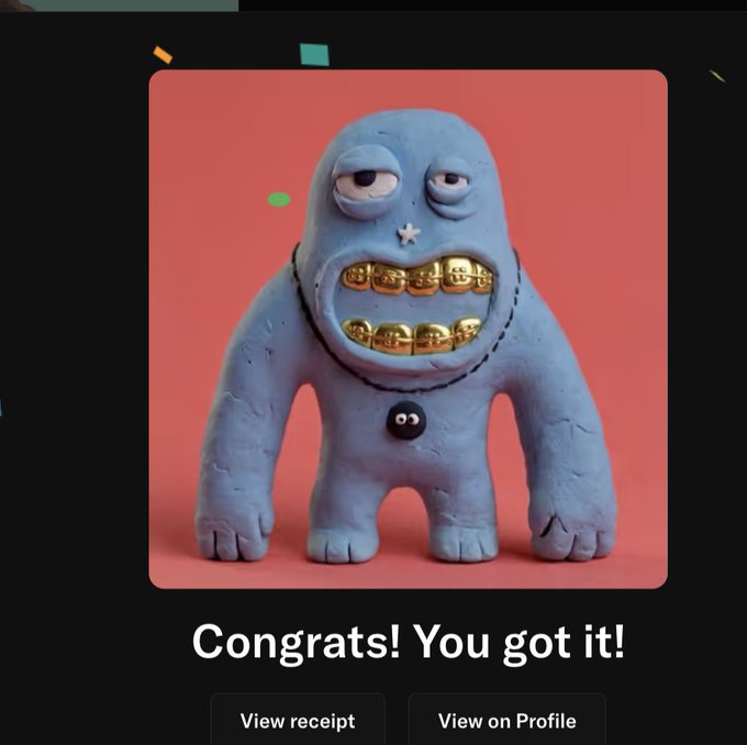 A mobile app screen displaying a quirky blue clay-like monster figurine with gold teeth against a red background, captioned 'Congrats! You got it!' with buttons to 'View receipt' and 'View on Profile'.