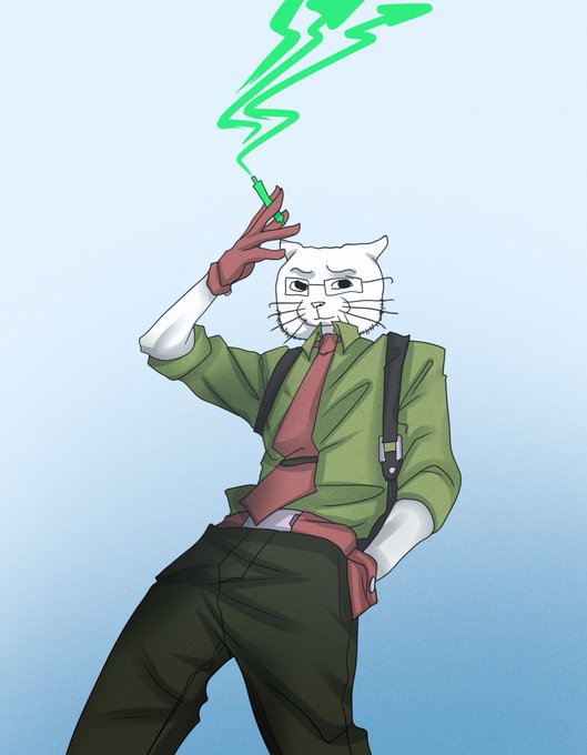 An anthropomorphic white cat character wearing a green shirt, red tie, suspenders, and red gloves holds up a finger emitting green energy against a blue sky background.