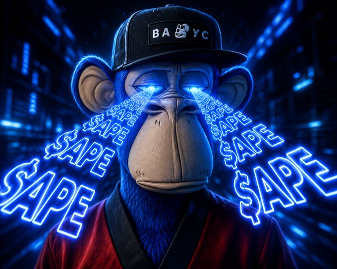 A blue-furred Bored Ape wearing a black cap reading "BAYC" shoots glowing blue "$APE" laser beams from its eyes against a neon-lit cyberpunk backdrop, visually representing the $APE cryptocurrency token tied to the Bored Ape Yacht Club ecosystem.
