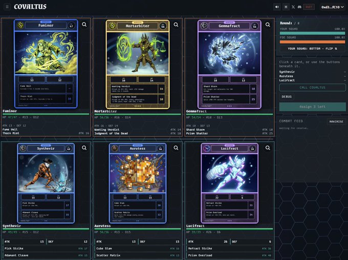 The image showcases a digital card game interface called "COVALTUS," featuring six detailed trading cards with characters like Fuminor (HP 47/47, ATK 16), Mortarbitur (HP 38/56), and Gemafract (HP 54/54), each displaying unique abilities, artwork, and stats. This appears to be the passion project by @chipm0nkey, blending web3 technology with the traditional trading card game (TCG) experience through generative AI.