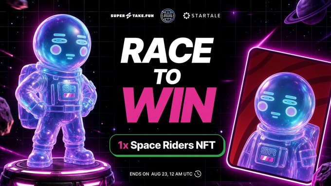 A promotional banner for Startale's "Race to Win" campaign features a glowing astronaut NFT, advertising a 1x Space Riders NFT prize with an end date of August 23 at 12 AM UTC, aligning with the post celebrating the fun and addictive gameplay of the Space Runner game.