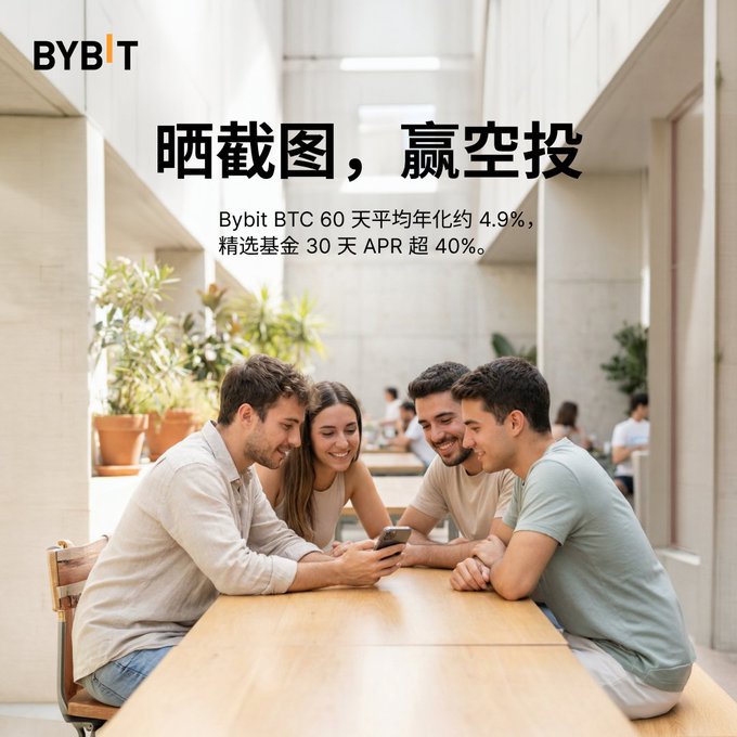 Bybit's promotional graphic featuring four friends gathered around a smartphone showcases the campaign slogan "晒截图，赢空投" (Share screenshot, win airdrop) with key figures "Bybit BTC 60 天平均年化约 4.9%" and "精选基金 30 天 APR 超 40%", encouraging users to share their BTC staking screenshots on social media to win airdrop rewards.