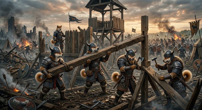 An army of anthropomorphic warrior foxes in Viking-style armor and helmets are constructing wooden fortifications and wielding hammers and axes amidst a fiery battlefield under a dramatic sunset sky. The imagery evokes strength, unity, and ambitious building—visually reinforcing the post's message of collaboration and growth for $FLOKI.