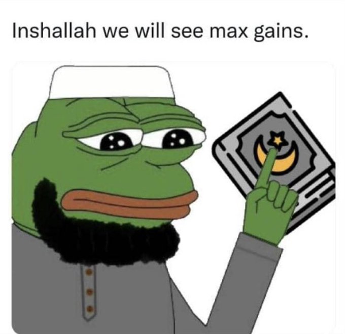 A 'Hopium' meme featuring Pepe the Frog wearing a white kufi cap, holding up a card with a crescent and star symbol, with text reading 'Inshallah we will see max gains.'