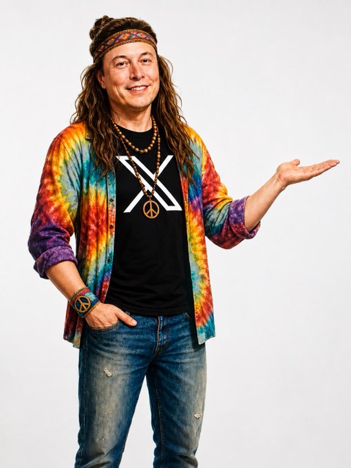 A stylized image of a long-haired man wearing a tie-dye shirt, peace sign necklace, and headband, gesturing with his hand in a presentation pose against a white background.