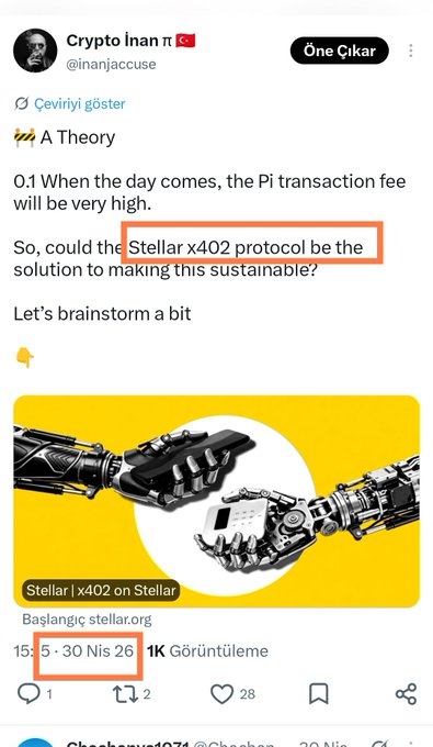 A screenshot of a tweet by @inanjaccuse discussing Pi Network's future high transaction fees and proposing Stellar's x402 protocol as a sustainable micropayment solution, with the "Stellar x402 protocol" phrase and the date "5 · 30 Nis 26" highlighted in orange boxes—aligning with the accompanying post's reference to preparations made on April 30, 2026.