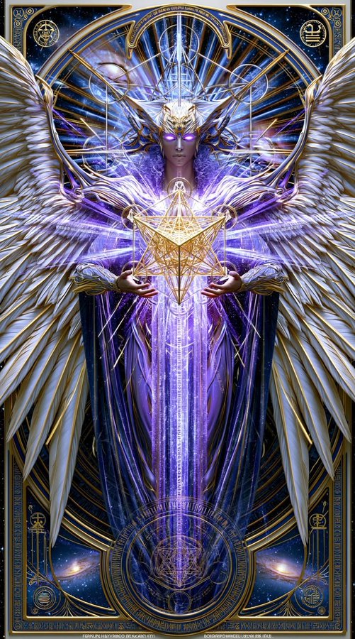 A fantasy illustration depicts a winged figure with a glowing headpiece holding a geometric star shape, set against a cosmic background with intricate golden circular patterns.