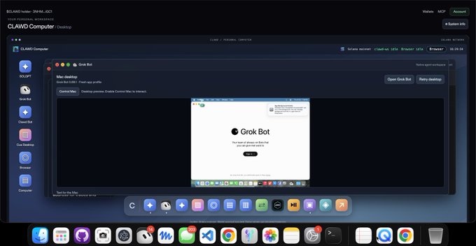 Screenshot of CLAWD Computer desktop with a Grok Bot window open showing 'GrokBot Support is here to help, and you can use voice input too.' on the interface.