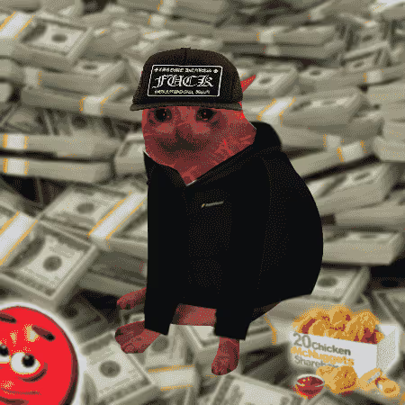 A meme image featuring a red dog (Doge/Shiba Inu) wearing a black hoodie and a 'SEND NOODS' cap, surrounded by stacks of money, a '20 Chicken McNuggets Sharebox,' and the Doge logo.