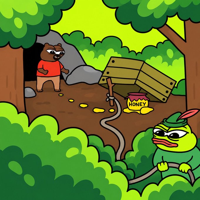 A cartoon illustration shows a bear near a cave with footprints leading to a broken wooden honey pot labeled 'HONEY', while a duck-like character hides in a bush with a rope trap.