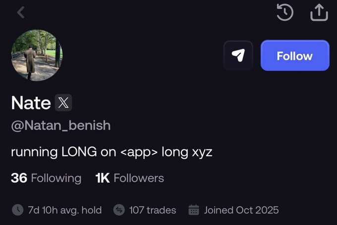 The image shows a Twitter/X profile for "Nate" (@Natan_benish) with bio text "running LONG on <app> long xyz," 1K followers, 36 following, 107 trades, and joined October 2025. The profile, expressing a long bullish stance on crypto, aligns with the post's sentiment of being LONG and endorsing the @fomo team's vision and growth.