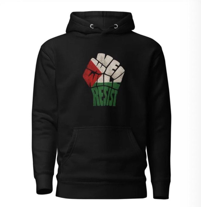 A black hoodie featuring a raised fist graphic in red, white, and green with the text "FREE" on the knuckles and "RESIST" below, serving as merchandise to support on-the-ground news reporting from Iraq.