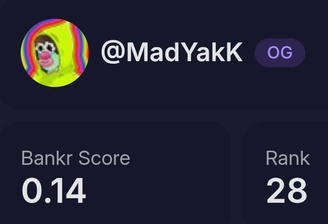 A Bankr profile page for @MadYakK with the OG role tag, showing a Bankr Score of 0.14 and Rank 28, featuring a colorful sloth avatar.