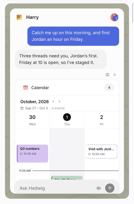 A screenshot of a chat with 'Harry' about scheduling a meeting with Jordan, showing a calendar widget for October 2026 with a 'Visit with Jord...' event on Friday at 10:00 AM.