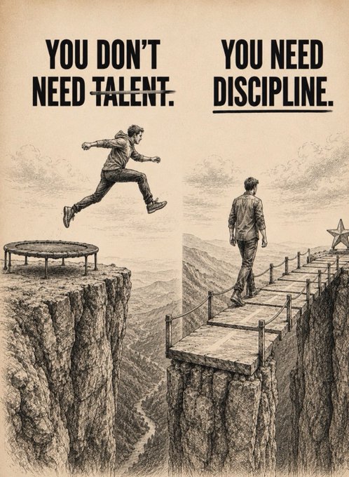 The image features a two-panel illustration with bold text reading "YOU DON'T NEED TALENT." and "YOU NEED DISCIPLINE." The left panel shows a man leaping off a cliff onto a small trampoline, while the right panel depicts him carefully walking across a long, narrow bridge to reach a star.

The image ties into the post's "Septembag" theme by visually reinforcing the message about discipline being more valuable than talent—urging viewers to take intentional, disciplined action this month to bridge the gap toward their goals rather than relying on risky leaps of "talent."