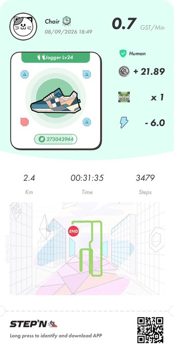 A screenshot from the STEPN app showing a sneaker NFT called 'Chair' with stats: 0.7 GST/Min, +21.89, x1, -6.0, Jogger Lv24, with movement data showing 2.4 Km, 00:31:35 Time, and 3479 Steps.