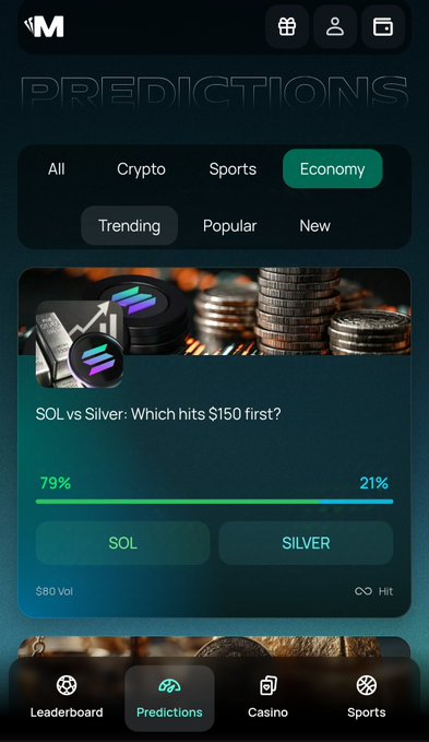 A screenshot of a mobile prediction app interface showing a market titled 'SOL vs Silver: Which hits $150 first?' with 79% betting on SOL and 21% on Silver, under the Economy category.
