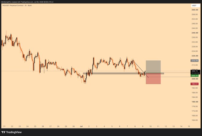 A TradingView chart of the TUSDOT Perpetual Contract (2h) bybit shows a downtrend with a short position setup indicated, featuring a gray entry zone and red stop-loss box near the 200-210 price level.