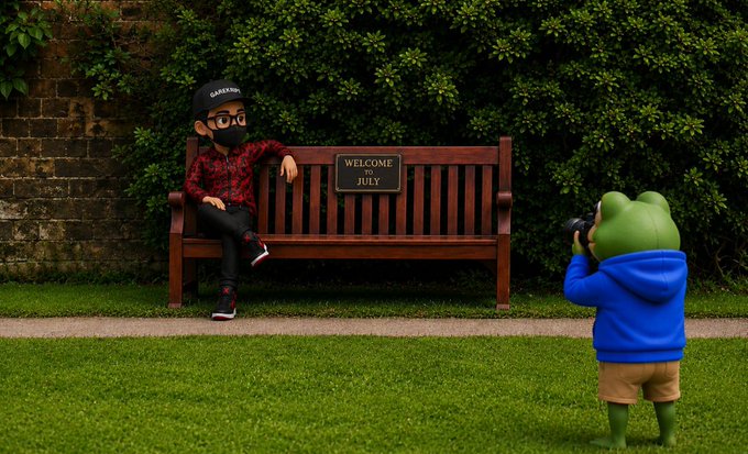 A 3D-rendered scene showing a masked child in a red plaid shirt sitting on a wooden bench with a 'WELCOME TO JULY' sign, while a frog character in a blue hoodie takes their picture with a camera.
