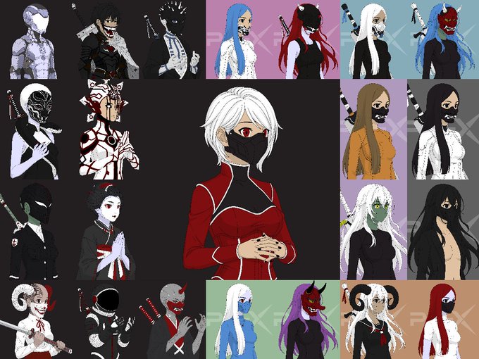 A collage features various illustrated versions of a female character with white hair and a mask, including a central figure in a red coat surrounded by smaller character designs.