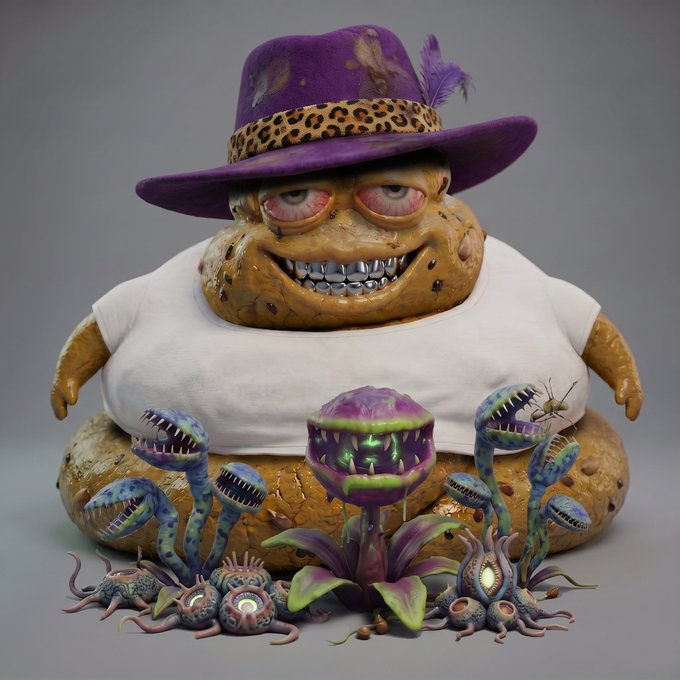 A grotesque cookie-like monster wearing a purple feathered hat and a "Bored Ape Yacht Club" style white t-shirt grins menacingly, surrounded by a colony of sinister, toothy carnivorous plants emerging from the ground. The eerie scene ties into the NFT/gaming culture of the post, where trait rarity plays a pivotal role in determining a character's value or power.