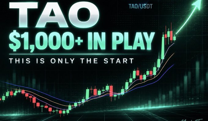 A graphic showing a rising green and red candlestick chart with the text 'TAO $1,000+ IN PLAY', 'THIS IS ONLY THE START', and 'TAO/USDT', indicating a bullish price prediction for the TAO cryptocurrency.